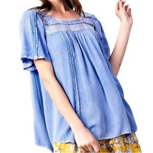 Boho Blue Mineral Washed Lace Trimmed Tunic NEW